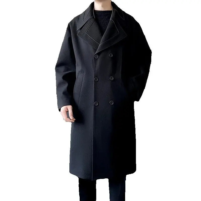 Trench Men Long Woolen Coats Autumn Winter Fashion Turn Down Collar Casual Outwear Male Double Breasted Loose Solid Chic Coat