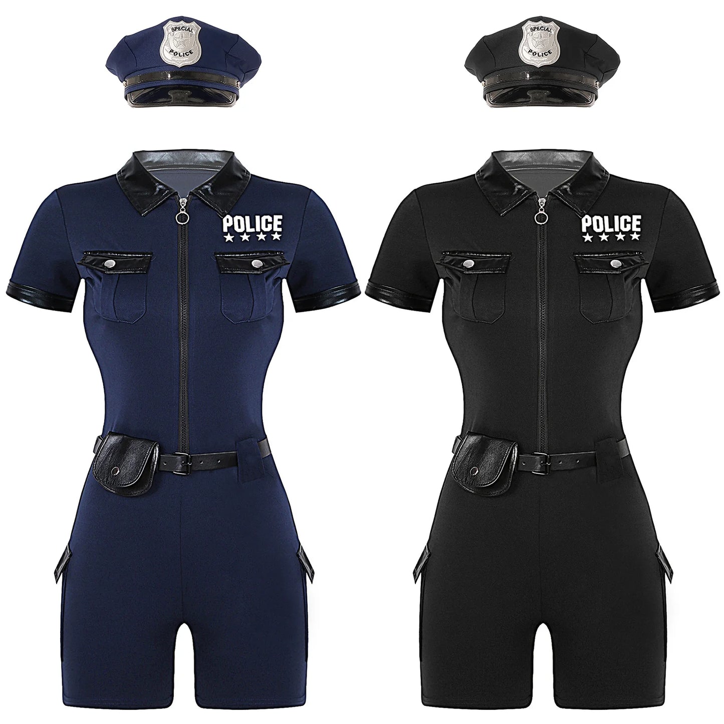Women Cop Police Uniform Policewoman Cosplay Costume Zipper Short Sleeve Jumpsuit with Belt Purse Hat Halloween Party Clubwear