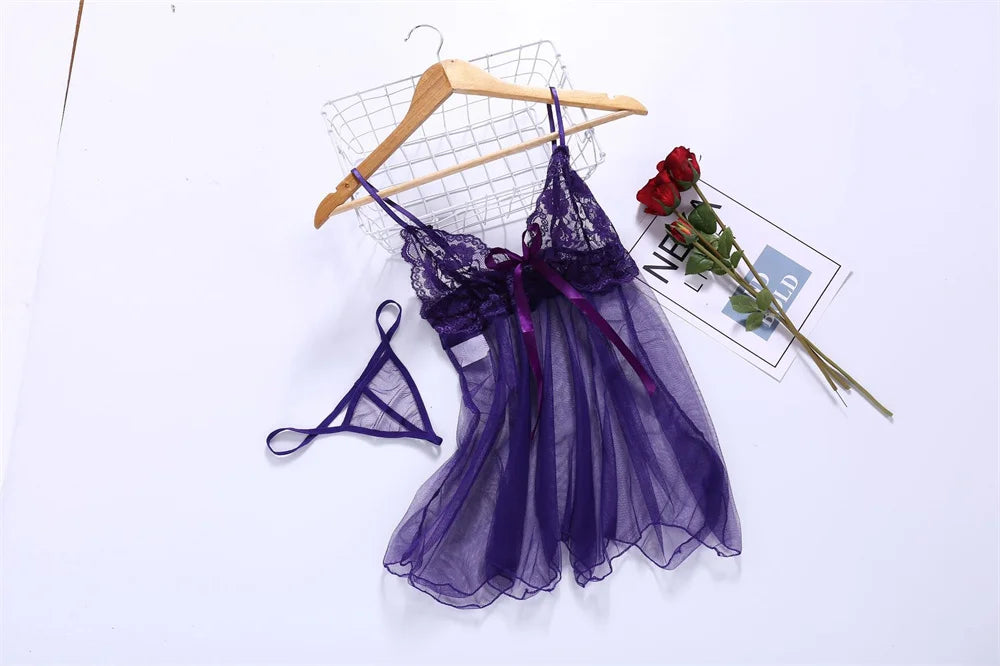 Lencería sexy para mujer, pijamas sin entrepierna, vestido de noche de encaje, ropa interior femenina exótica, camisón, tanga, disfraces eróticos