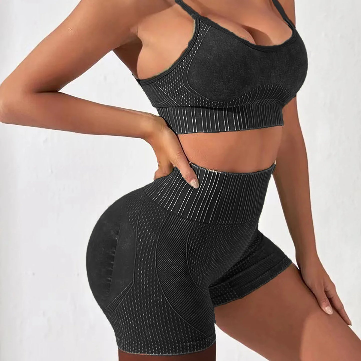 Conjunto de yoga, pantalones cortos de gimnasio, conjuntos para mujer, sin costuras, esmerilado, top corto de fitness, leggings de cintura alta, conjuntos deportivos, entrenamiento, correr, ropa deportiva