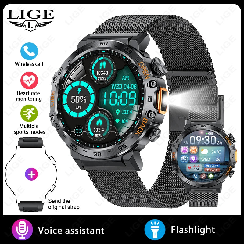 Nuevo reloj inteligente militar para hombre, pantalla AMOLED HD de 360*360, resistente al agua, con linterna LED, deportivo, para Android e iOS.
