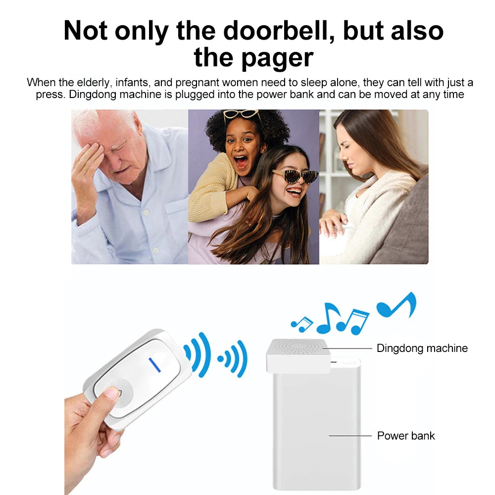 Timbre inalámbrico USB, timbre inteligente de bienvenida, volumen de tres velocidades, 38 melodías, timbre para casa, llamada de cama, llamada de emergencia