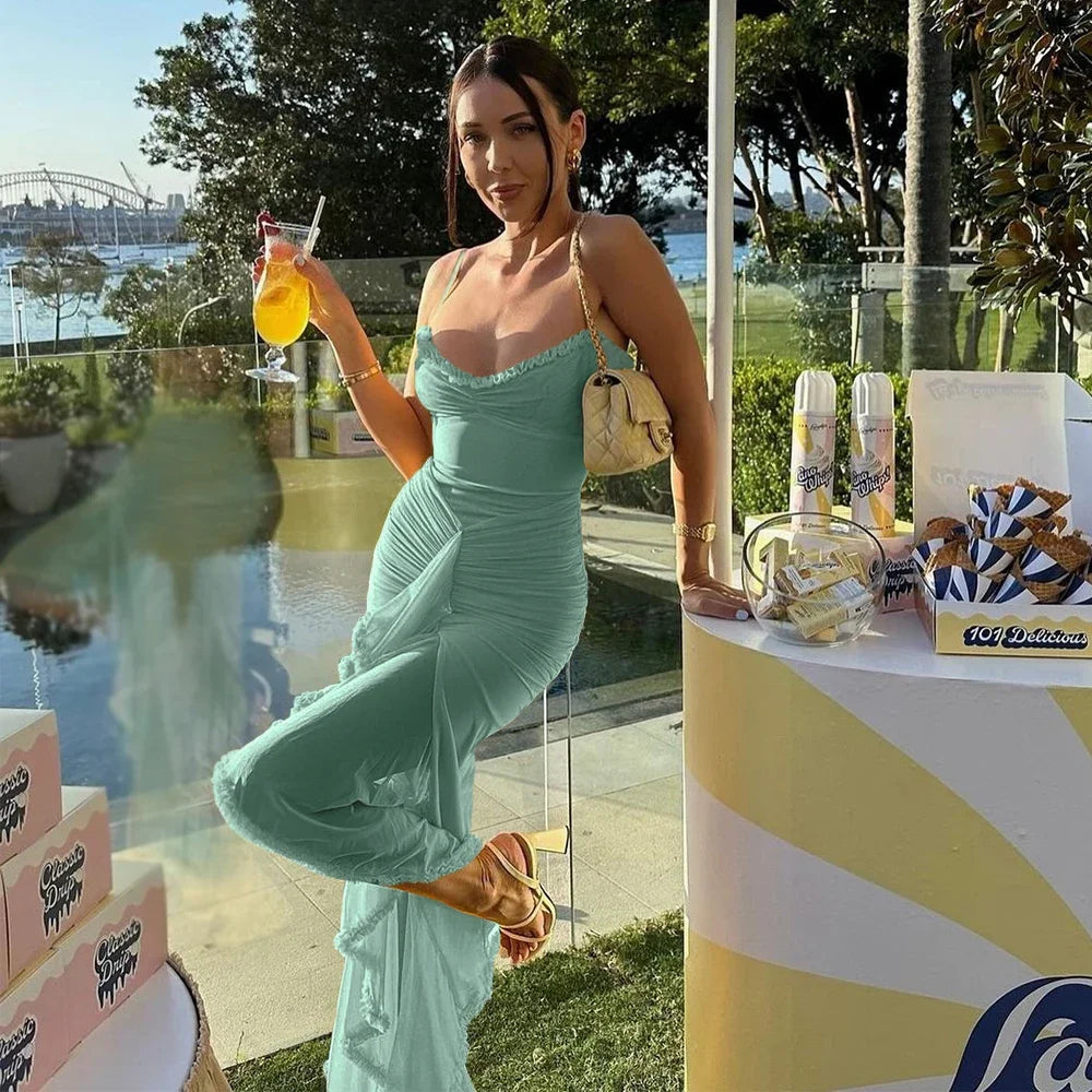 Vestidos de fiesta de malla irregular Suninheart 2024, nuevos modelos, vestido ajustado con tirantes finos, vestido largo fruncido de moda para mujer.