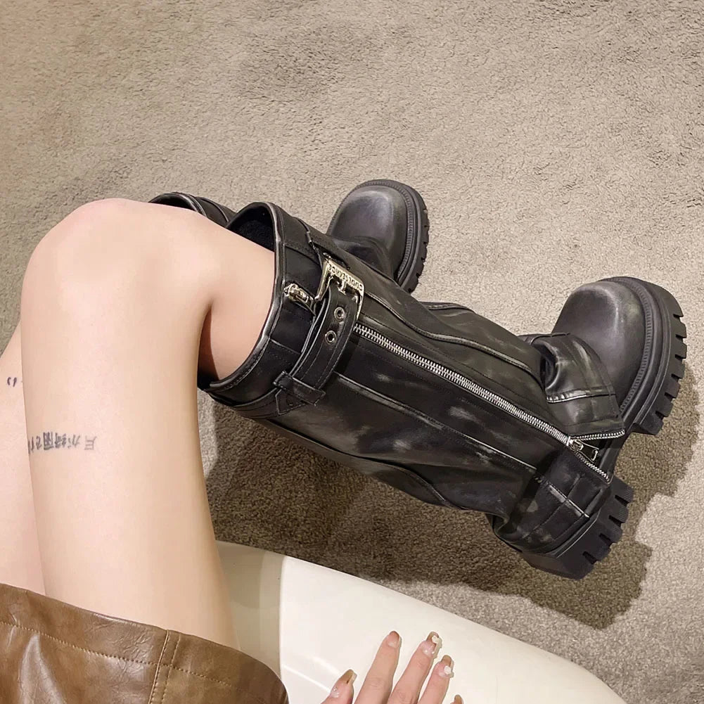 Botas de media caña para mujer de la marca Desinger Knight, con plataforma de tacón alto grueso, estilo punk, estilo motociclista, estilo gótico, para la calle.