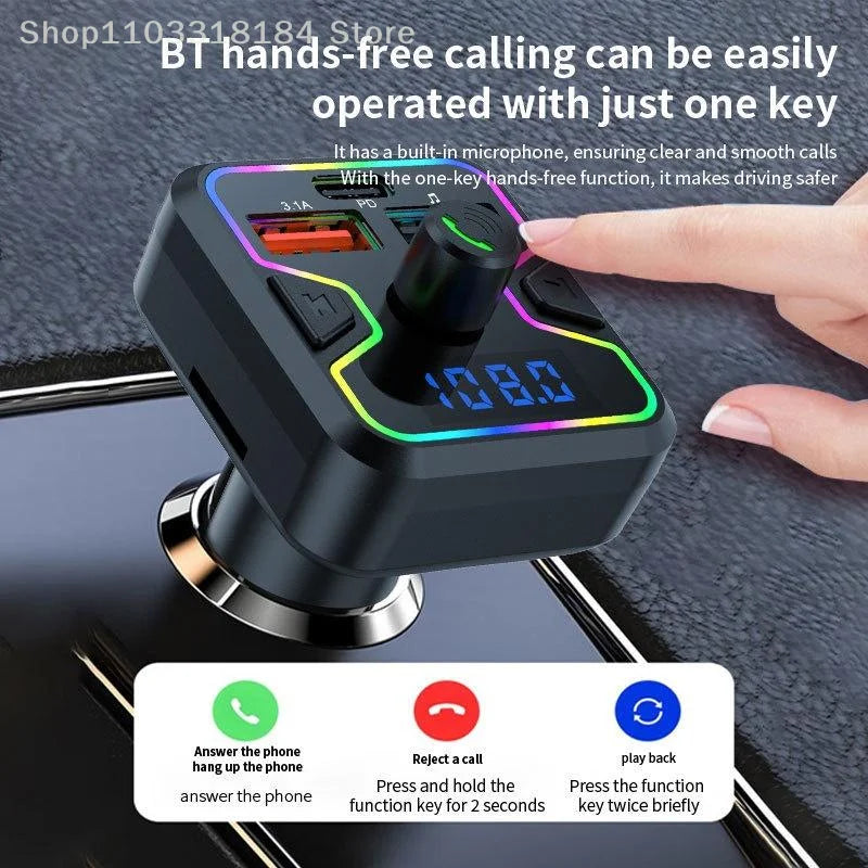 Transmisor FM Bluetooth 5.3, receptor inalámbrico, reproductor MP3, cargador de coche, carga rápida USB PD, adaptador de kit manos libres para coche
