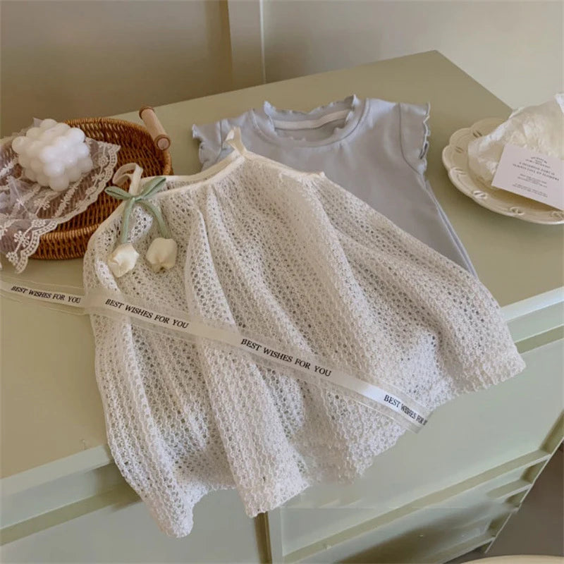 Ropa para niños 2025, conjunto de ropa azul + camisola, falda, chaleco de tulipán, falda de punto, versión coreana, conjunto para bebé con estilo