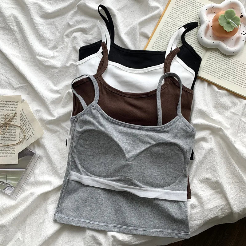 Camisola ajustada sin mangas con tirantes finos de color liso para mujer con almohadilla para el pecho, de algodón, para uso exterior, camisetas cortas de verano para mujer.