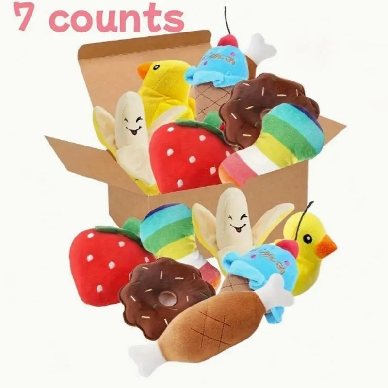 Un juego de 7 piezas de juguetes con sonido para cachorros, juguetes de peluche sueltos para masticar, bocadillos de frutas de peluche y juguetes de verduras para cachorros, adecuados para juegos lindos.
