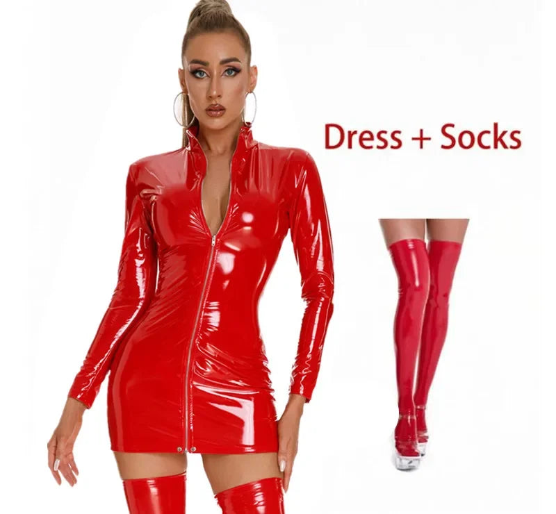 Women Sexy PVC Leather Dress with Stockings Gloves Shiny Latex Bag Hip Skirt Breast Exposing Porno Mini Dress