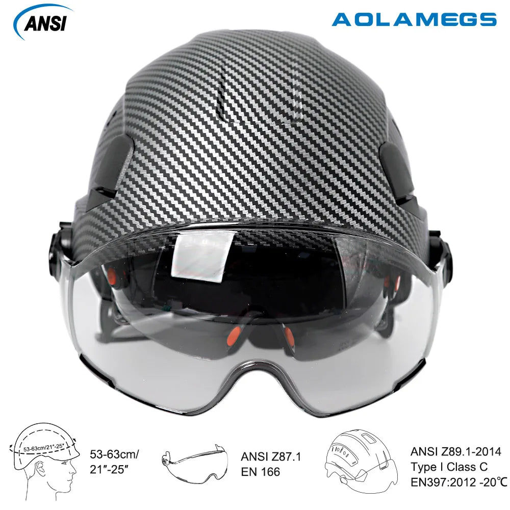 Casco de seguridad con patrón de fibra de carbono y gafas de doble visera para ingenieros, casco de seguridad CE ANSI ABS, gorra de trabajo industrial, rescate