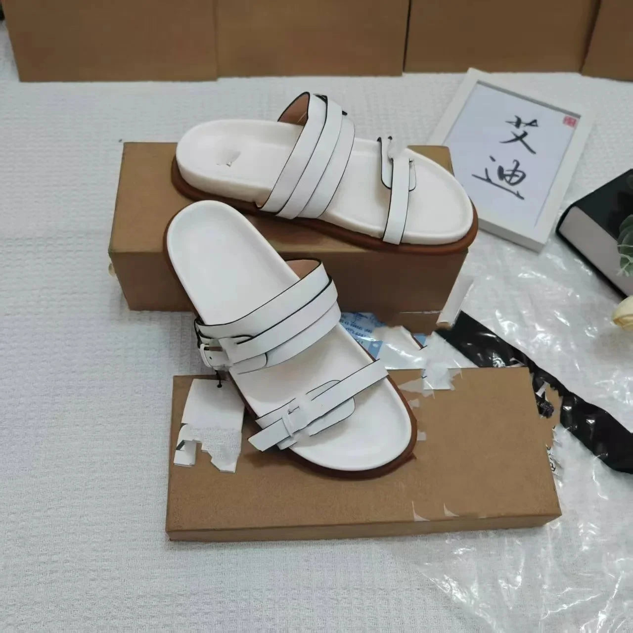 Sandalias planas de tacón grueso para mujer, sin cordones, de piel sintética, con suela de PVC, transpirables, con punta abierta, informales y cómodas.