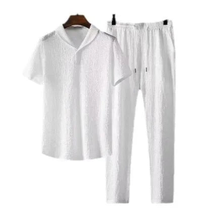Conjunto de polo informal para hombre, moda de verano, manga corta plisada, cuello vuelto, traje de dos piezas, ropa ligera para hombre