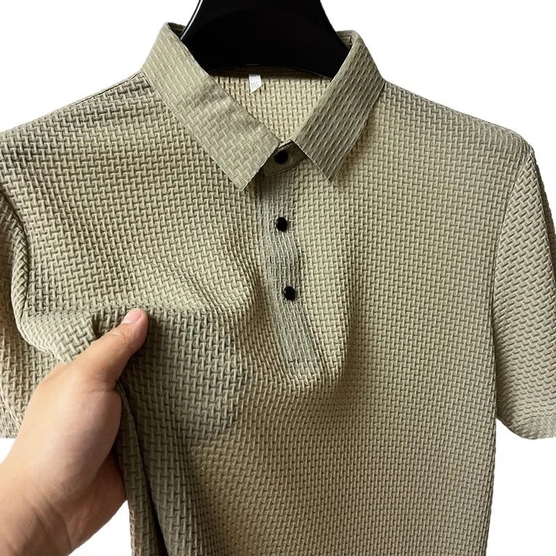 Camiseta de manga corta de seda de hielo para hombre, nueva camiseta de verano con cuello redondo y estampado de gofre, de alta elasticidad, sin costuras, informal, de negocios.