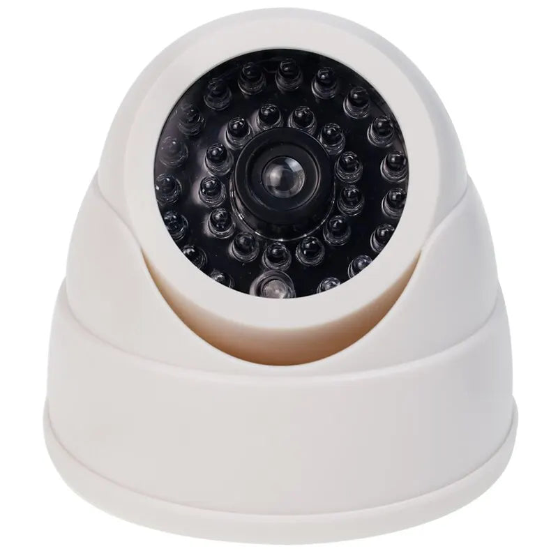 Cámara de seguridad domo falsa con luz LED roja, funciona con pilas y no requiere cableado. Ideal para interiores y exteriores.