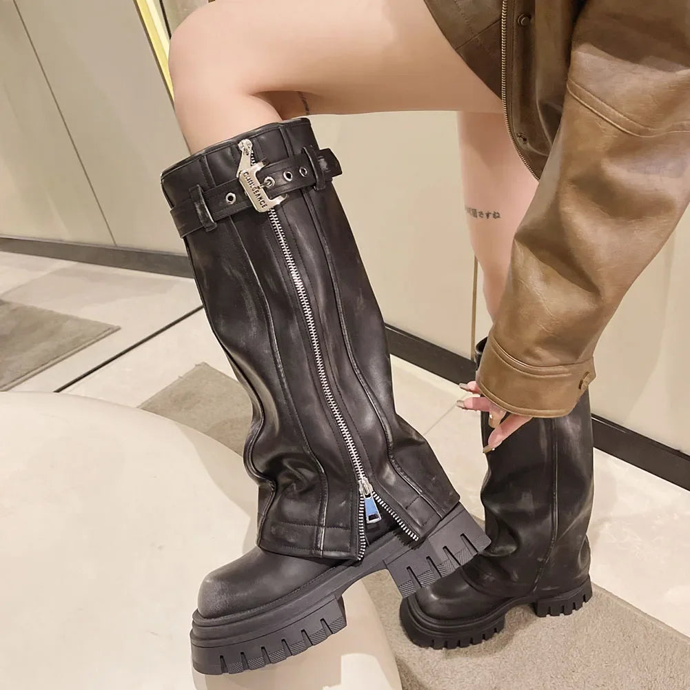 Botas de media caña para mujer de la marca Desinger Knight, con plataforma de tacón alto grueso, estilo punk, estilo motociclista, estilo gótico, para la calle.