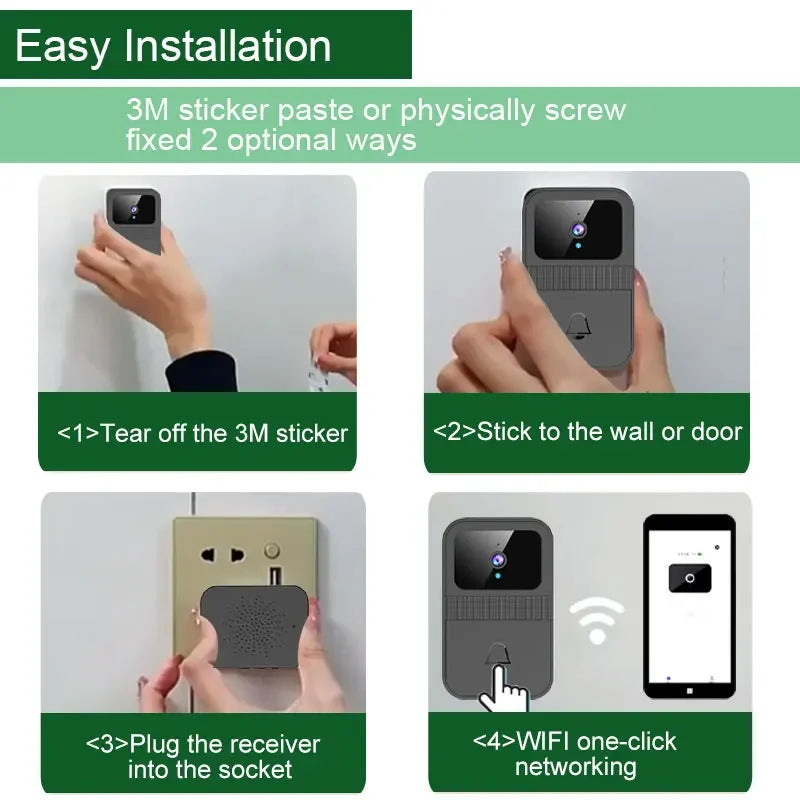 Timbre de video inalámbrico para casa inteligente, audio bidireccional, video HD, cámara, almacenamiento en la nube, visión nocturna, wifi 2.4G para casa y oficina.
