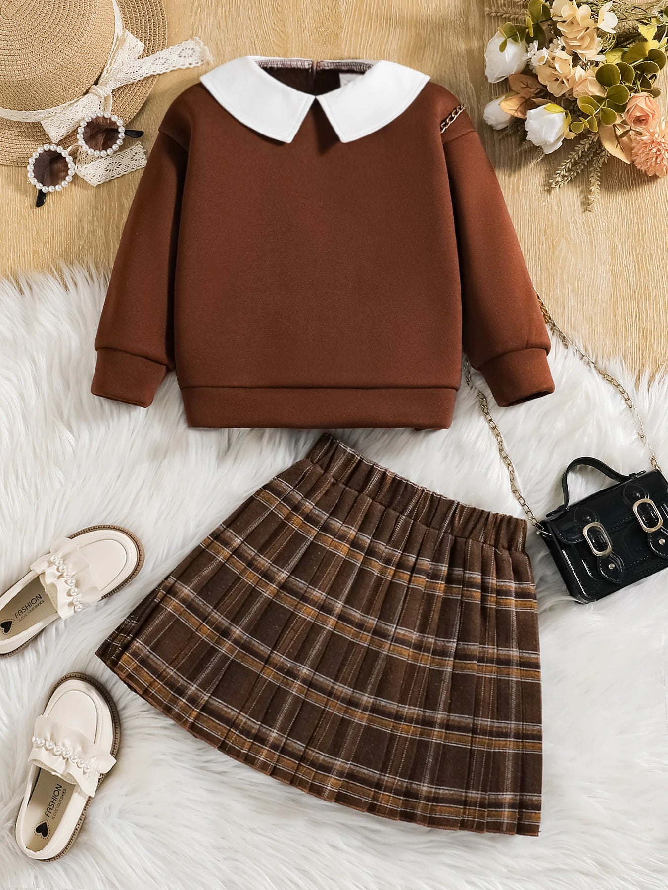 Ropa infantil para primavera y otoño, moda para niñas, lindo conjunto de color liso, top de manga larga con solapa + falda plisada a cuadros dos