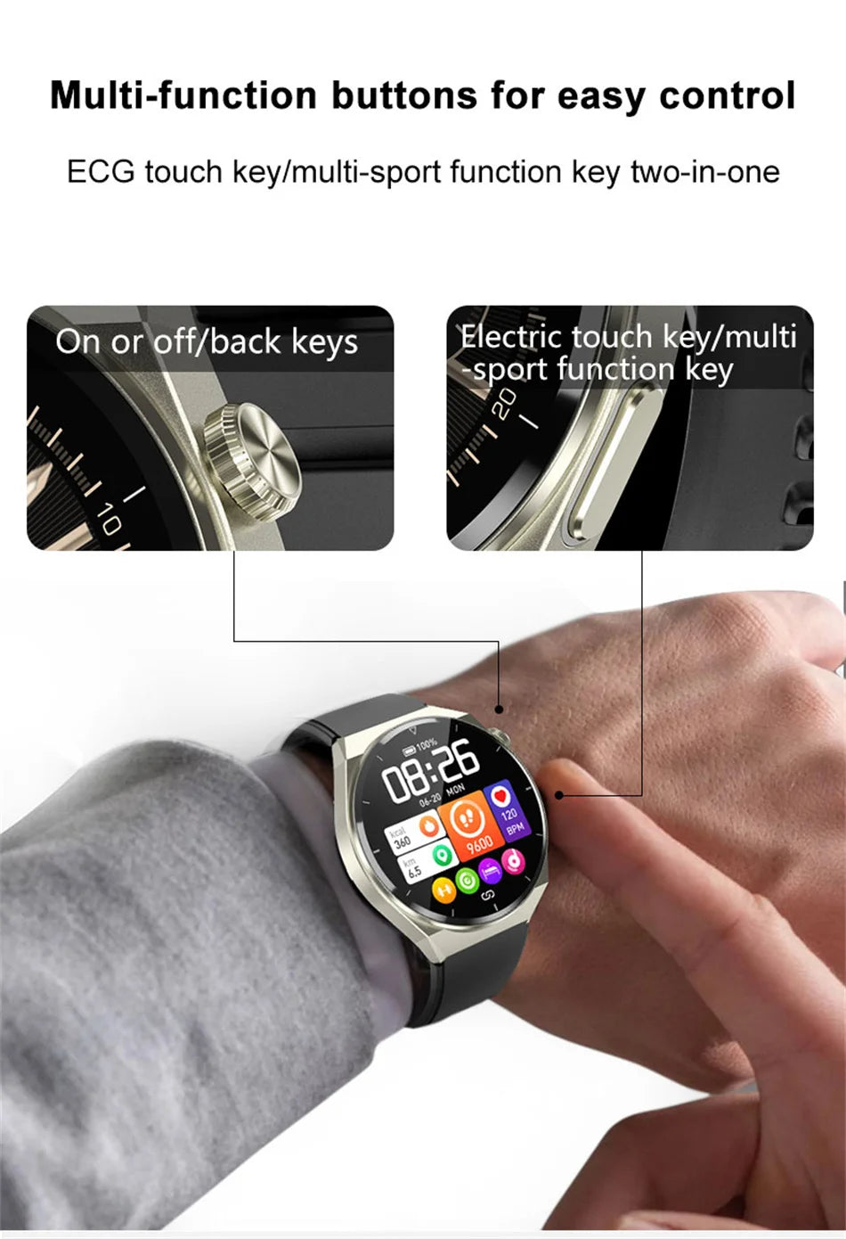 Reloj inteligente con tratamiento láser para hombres, dispositivo con ECG, PPG, frecuencia cardíaca, azúcar en sangre, monitor de salud, para Android e iOS, 2024