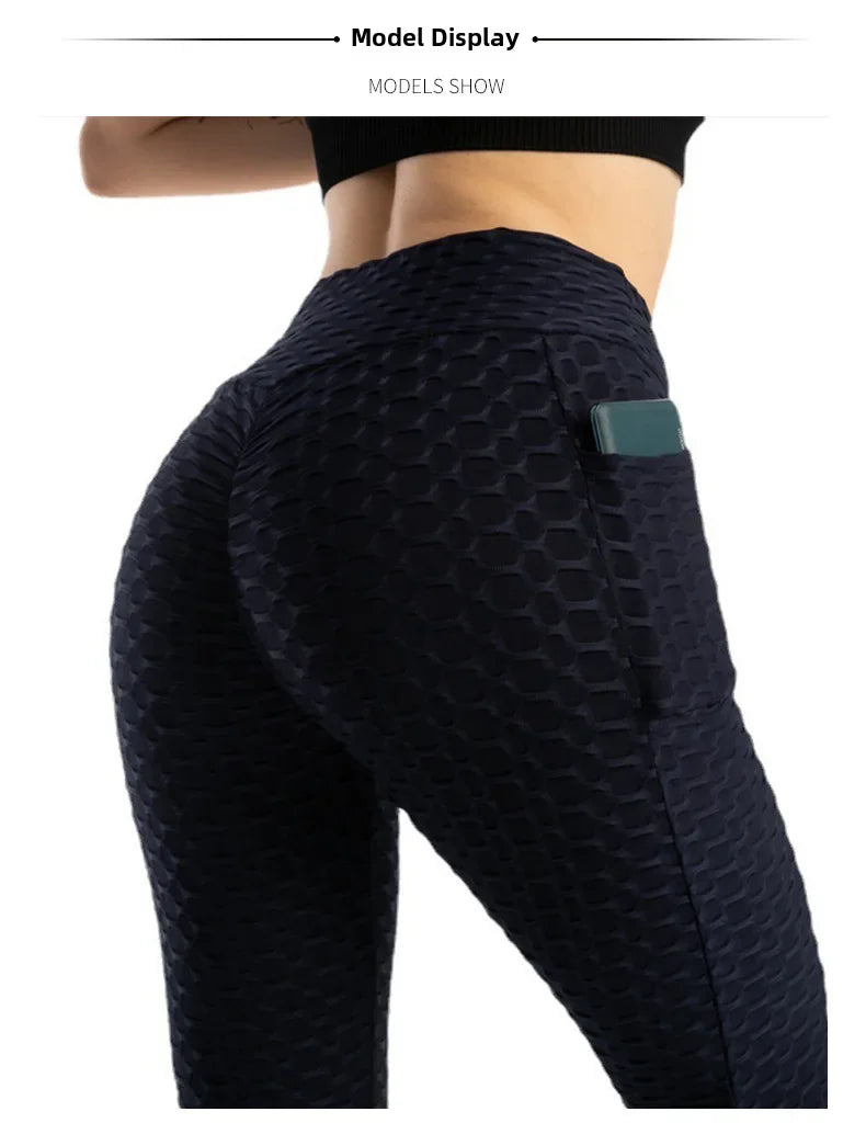 Leggings de cintura alta con efecto push-up de Amazon Europa, material de nylon, estampado jacquard, pantalones deportivos con bolsillo para mujer.