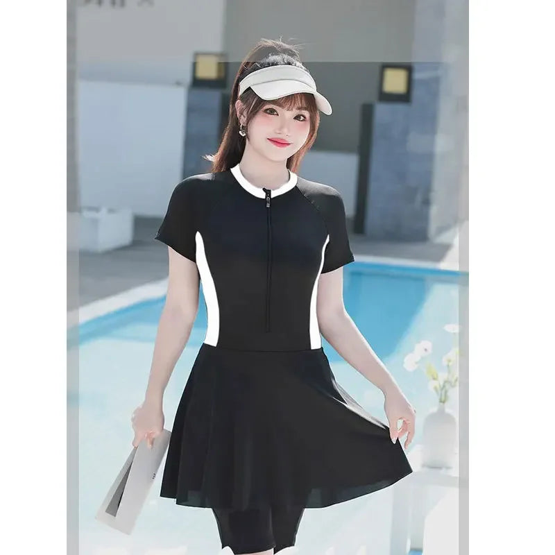 Traje de baño deportivo de una pieza para mujer, manga corta, talla grande, que oculta el cuerpo, talla grande, nuevo estilo 2024