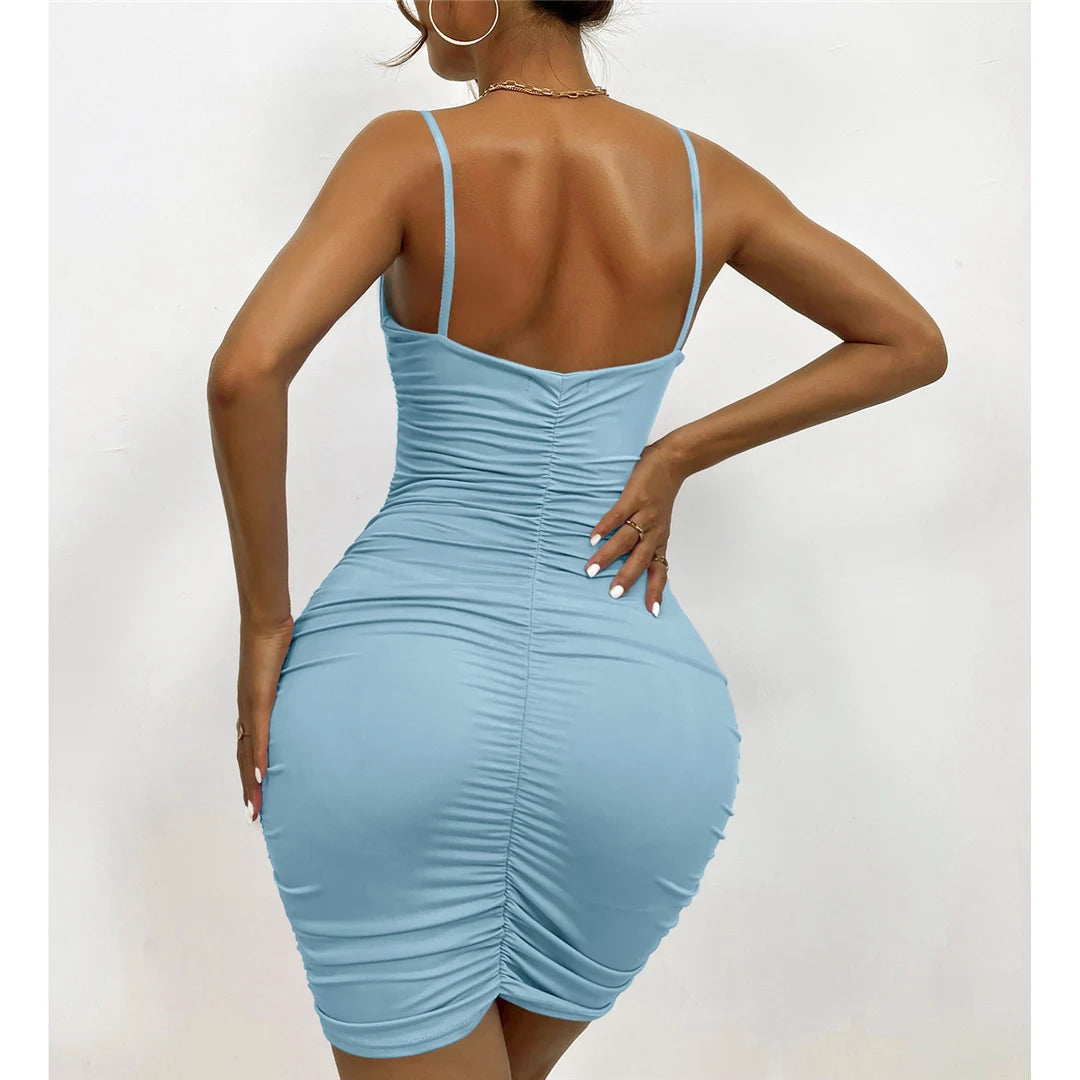7 Color Sexy Wrinkled Pleated V Neck Sling Dress Short Club Ladies 2025 Summer Bodycon Dress Evening Party Tight Mini Dress D007