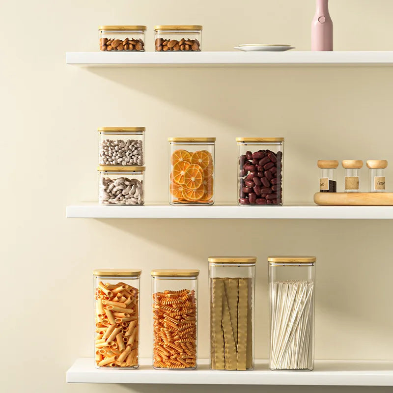 Tarro de plástico cuadrado sellado de 1100 ml para alimentos, con tapa de bambú, para cereales de cocina, transparente, para té y utensilios de cocina.