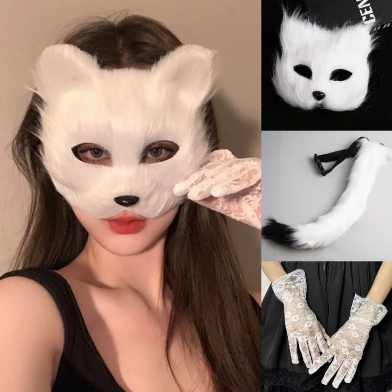 Halloween Cosplay Make-up Fox Shape Face Mask Carnival Stage Party Cartoon Cat Hair Mask Costume Props Sexy Lady Imitation Toy