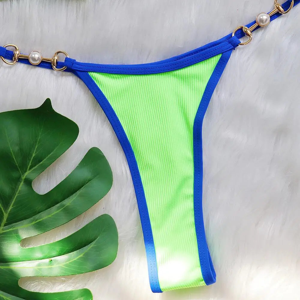 Bikini sexy con cuello halter y perlas para mujer, traje de baño femenino de dos piezas con ribete acanalado