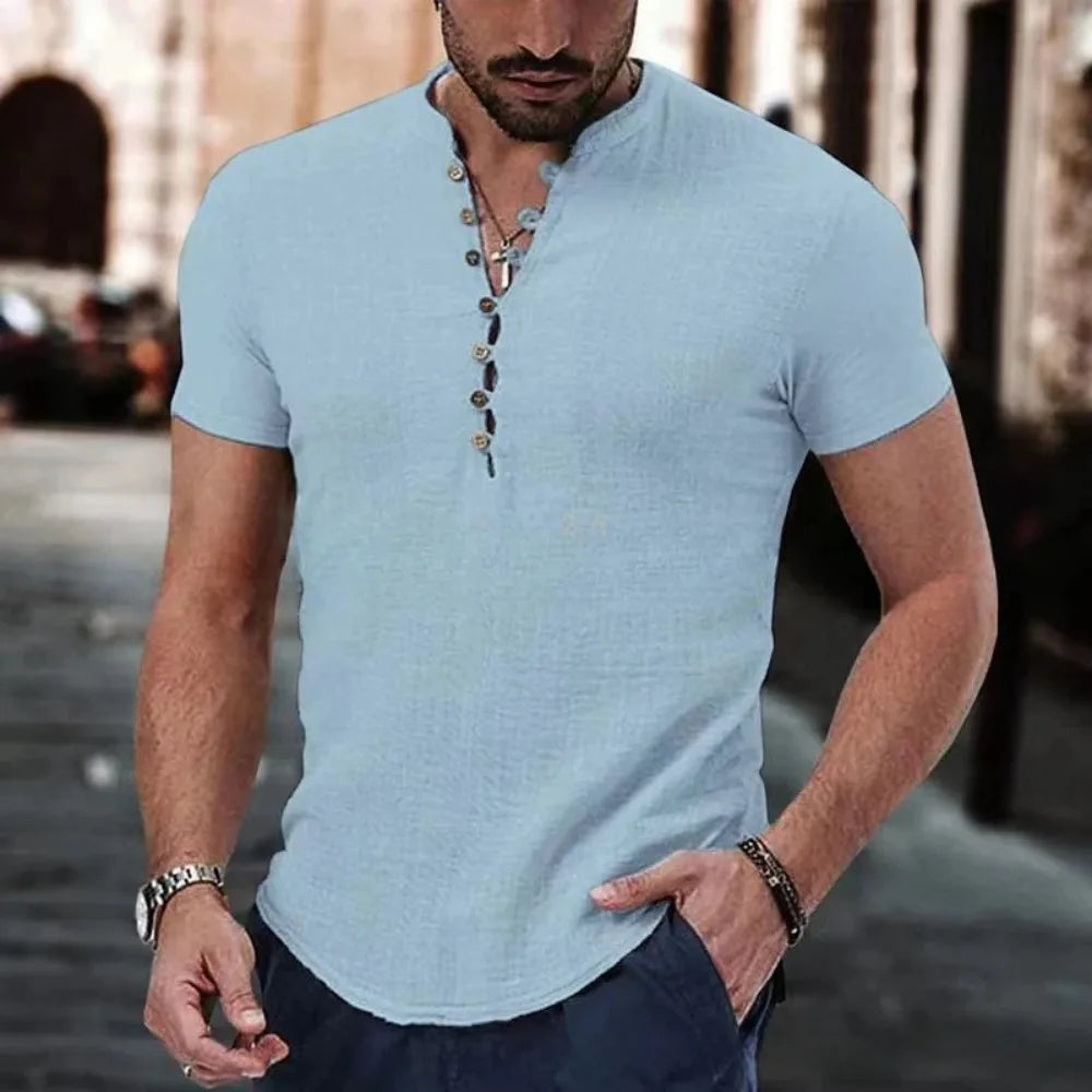 Nueva camiseta de manga corta para hombre, de algodón y lino con botones. Ropa casual para hombre. Camisetas populares para hombre.