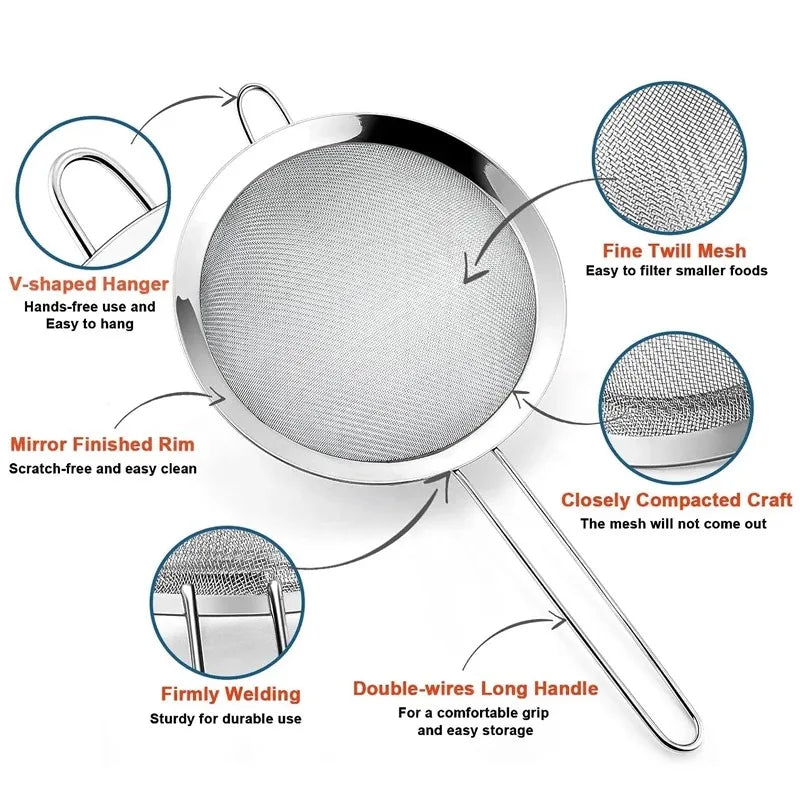 Filtro de malla de acero inoxidable con cuchara ranurada, esencial para la cocina, paquete de 3, colador de alimentos finos con mango largo para cocinar