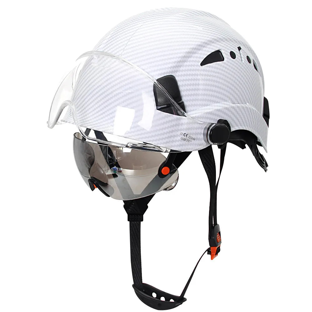 Casco de seguridad con patrón de fibra de carbono y gafas de doble visera para ingenieros, casco de seguridad CE ANSI ABS, gorra de trabajo industrial, rescate