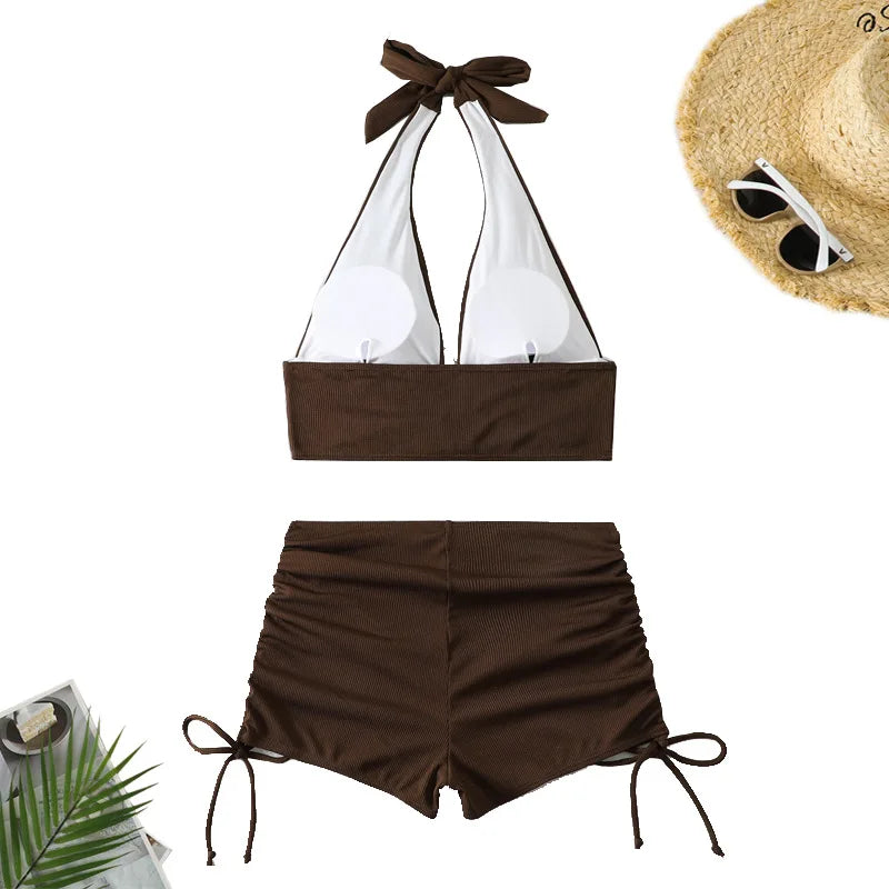 Bikini sexy de cintura alta para mujer, traje de baño de dos piezas, conjunto de bikini brasileño marrón, 2024