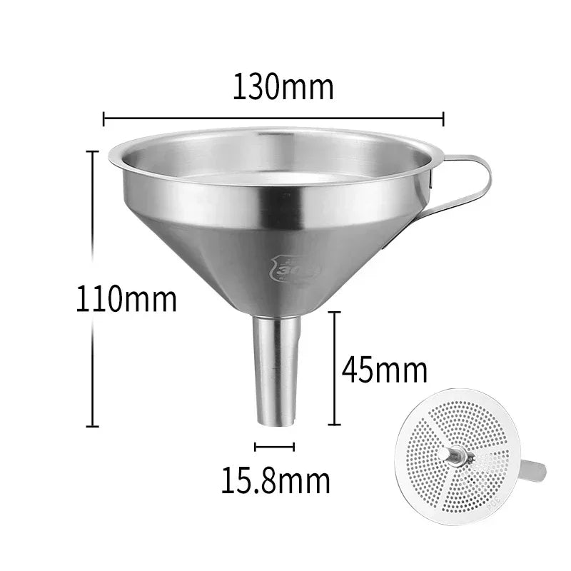 Embudo de acero inoxidable 304 de boca ancha con filtro de malla para aceite de cocina, especias líquidas y utensilios de cocina.