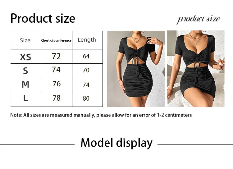 Sexy V-neck hollowed out pleated buttocks wrapped short sleeved party club dress with drawstring cut dress for women's clothing
