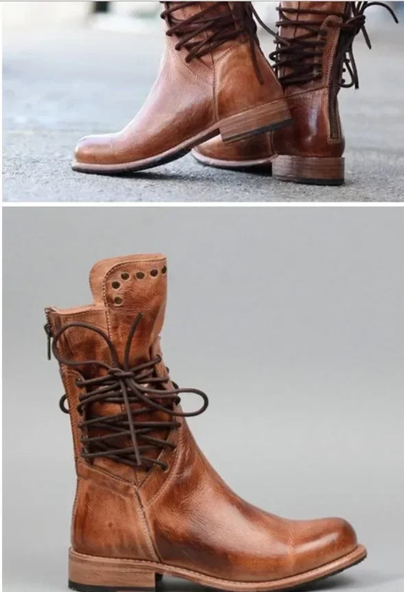 Botas de media caña con remaches para mujer, botines de caballero a la moda, estilo británico, para otoño e invierno, con cordones cruzados, de PU