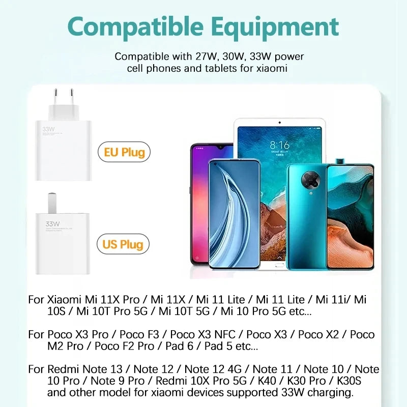 Cargador turbo original Xiaomi de 33 W, carga rápida, adaptador de EE. UU. para Mi 10T, 10S, Poco X5, X3, M5S, F3, Redmi Note 13, 12, Pad Pro, Cargador europeo