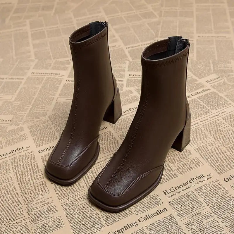 British Vintage Square Toe Ankle Boots Women 2025 Autumn Winter Thick High Heel Black Pu Boots Woman Cowboy Short Booties Shoes