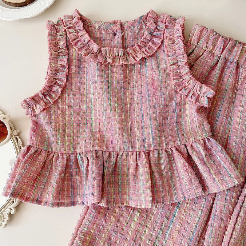 Conjuntos de ropa para niños: Top sin mangas con estampado a cuadros, pantalones anchos y pantalones cortos, conjunto de 3 piezas, ropa para niñas de 2 a 8 años.