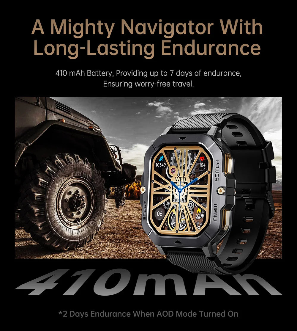 Reloj inteligente con Bluetooth de 2,02 pulgadas para hombre y mujer, batería de 410 mAh, resistente al agua hasta 1 ATM, monitor de ritmo cardíaco y salud, para deportes al aire libre