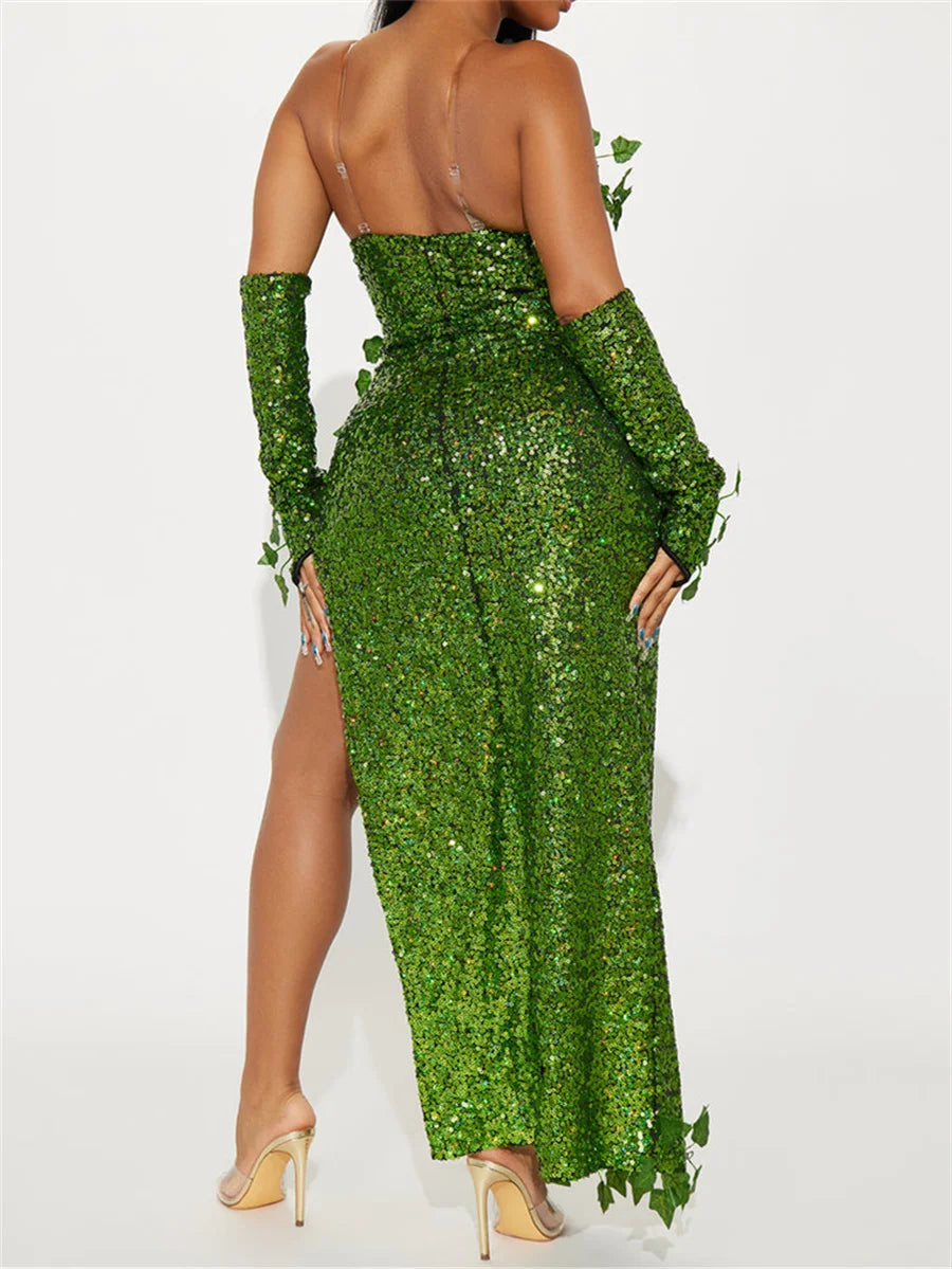 Women's Sexy Halloween Costume Deluxe Green Sequin Ivy Maxi Dress 3 Piece Poisonous Villain Cosplay Costume Set