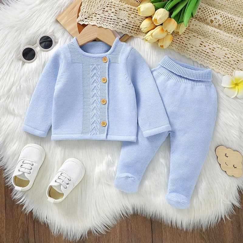 Conjunto de ropa para bebé, jersey de punto a la moda, liso, cálido, pantalones y leggings de otoño para recién nacido, niña y niño, pantalones de manga larga, 2 piezas