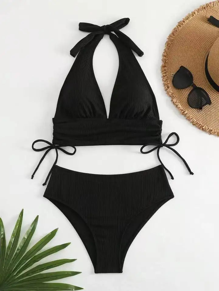 Conjunto de bikini de verano 2025 para mujer, traje de baño de dos piezas con cuello halter de color liso, traje de baño de secado rápido, conjunto de bikini con corsé para vacaciones, ropa de playa