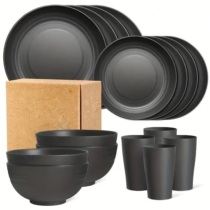 Juego de vajilla irrompible de 16 piezas, 8 platos, 4 cuencos y 4 tazas, apto para microondas y lavavajillas, ideal para camping, uso diario, color negro.