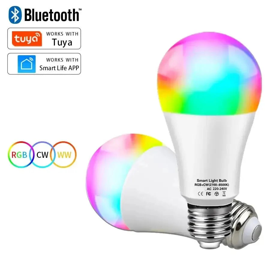 Bombilla LED inteligente Tuya E27 con control por aplicación, luz regulable, Bluetooth, RGB, 220 V, para decoración de dormitorio, fiestas, iluminación inteligente