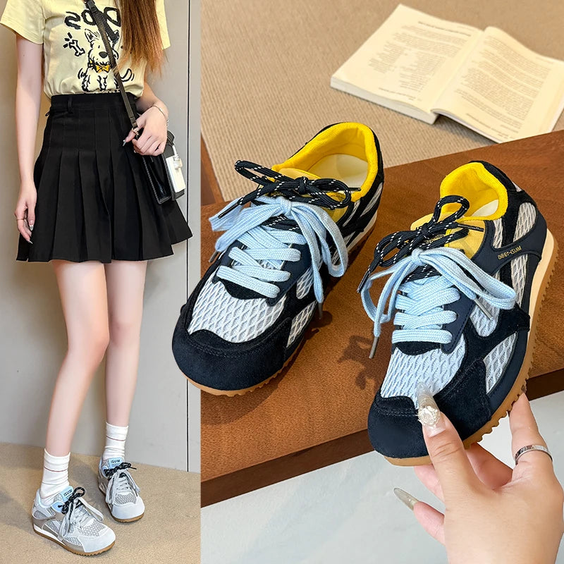 Zapatos vulcanizados para mujer, moda 2025, con cordones, colores a juego, nuevos, de malla redonda, ligeros, cómodos y casuales para caminar.