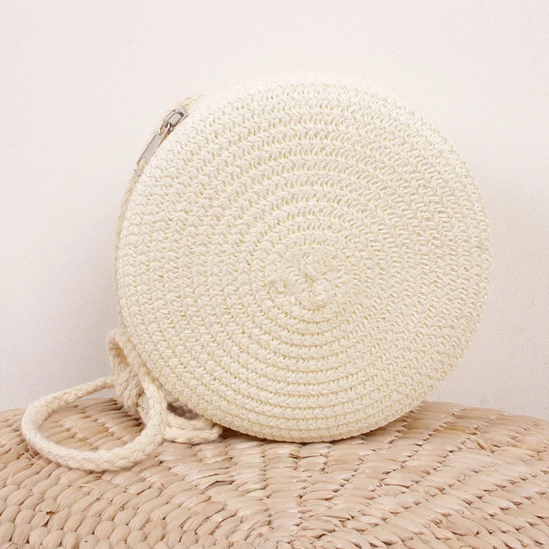 Bolso redondo de paja para mujer, tejido a mano, tipo bandolera, para playa, bonito bolso de mano pequeño de ratán tejido a mano, de color caramelo