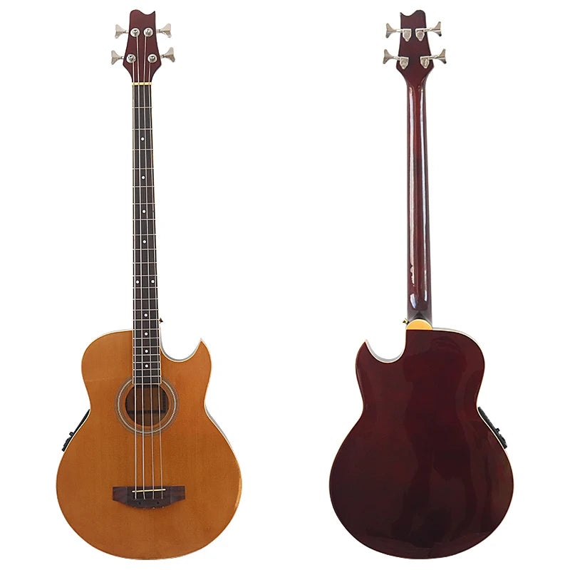 Bajo electroacústico de 43 pulgadas y 4 cuerdas, diseño de guitarra folk con cutaway, con funda y ecualizador.