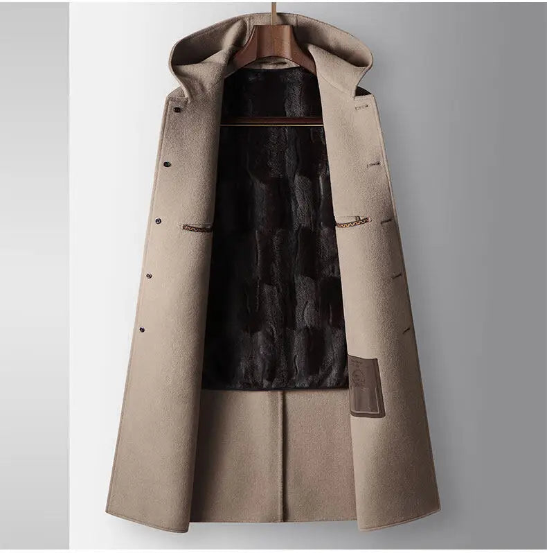 2024 Winter New Men's Hoodie Medium Long Woolen Coat Rabbit Plush Thick Warm Casual Coat High end Fabric 100% Pure Wool