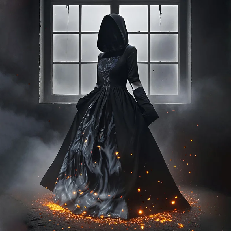 Halloween Witch Dress Skeleton Witch Sorcerer Adult Women Cosplay Costume Hood Skirt Stage Performance Modern Dance Wear Outfits