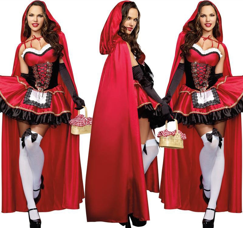 Women Little Red Riding Hood Costume Fancy Adult Halloween Cosplay Fantasia Carnival Fairy Tale Girl Dress+Cloak Women Party Set